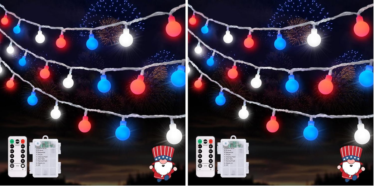 JMEXSUSS Red White and Blue Lights Battery Operated, 33ft 4th of July Lights Outdoor Waterproof, 100 LED String Light for Independence Day Memorial Patriotic Day Decor (Pack of 2)