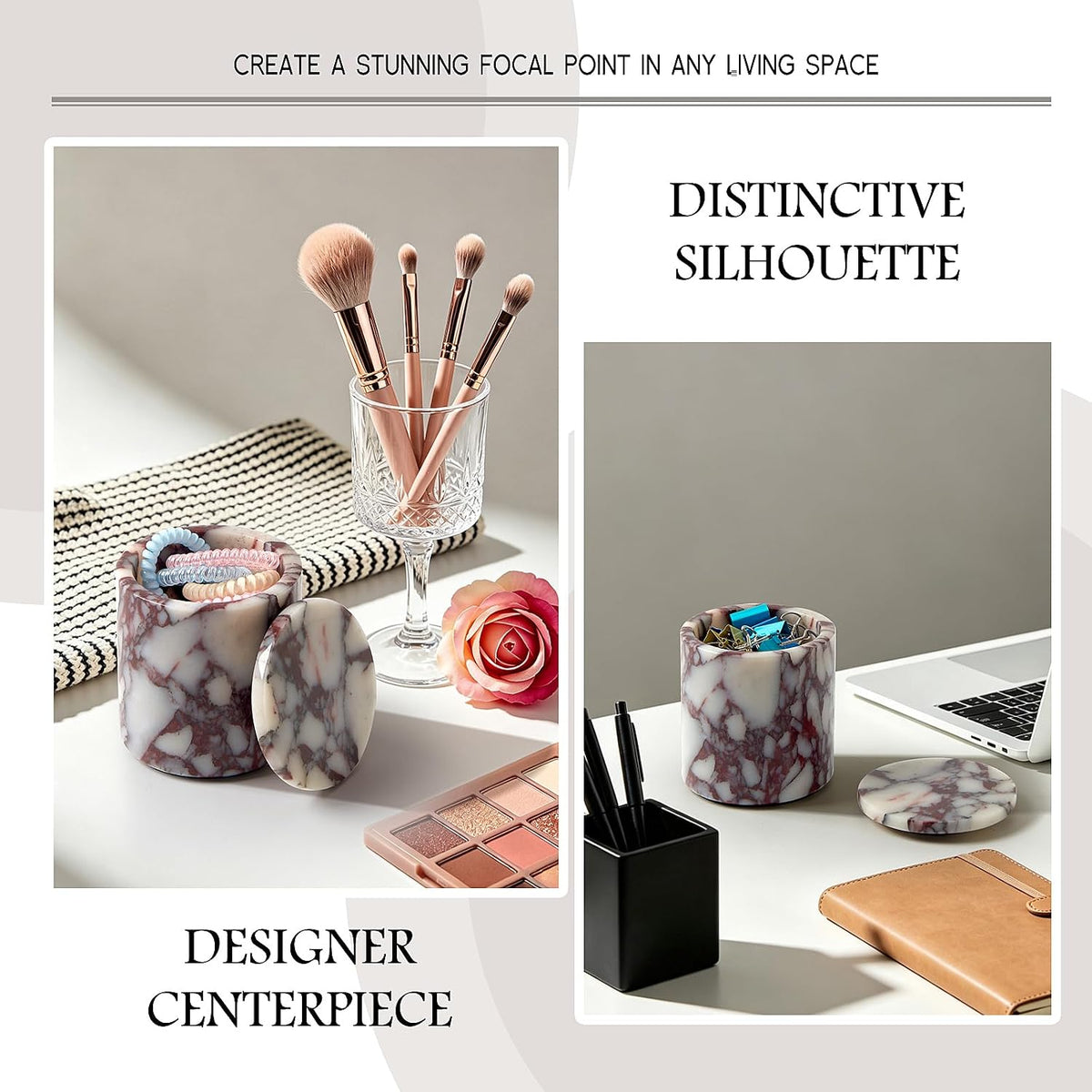 Luxury Natural Calacatta Viola Marble Qtip Holder with Lid – 3.9 Inch Round, Large Capacity Apothecary Jar for Cotton Swabs, Balls, Pads, Floss Picks, Bathroom Vanity Decor & Organizer