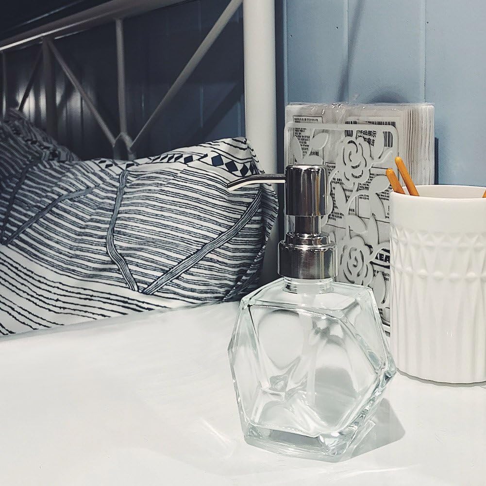 Modern Geometric Shape Clear Glass Soap Dispenser, Lotion Dispenser Bottle with Rust Proof Stainless Steel Pump for Kitchen, Bathroom Accessory, Countertop, Great for Soap, Lotions and Body Oil.