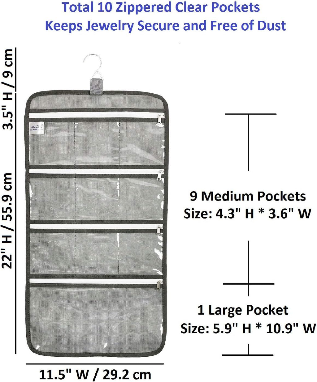 Hanging Jewelry Organizer with 10 Zippered Clear Pockets for Travel Suitcase and Home Closet Jewelry Storage Bag (GREY)