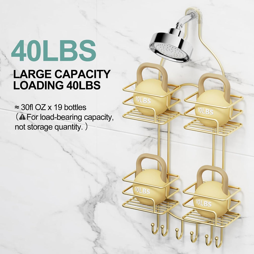 SRIWATANA Shower Caddy Hanging, Shower Organizer with Razor Hooks, Gold