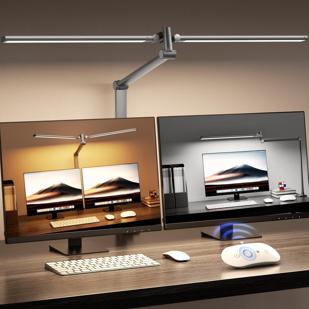 Airlonv LED Desk Lamp, Double Swing Arm Wide Lighting Area Desk Lamps for Home Office with Stepless Dimming, Eye-Caring Architect Desk Light with Clamp for Reading, Study, Workbench, (Grey)