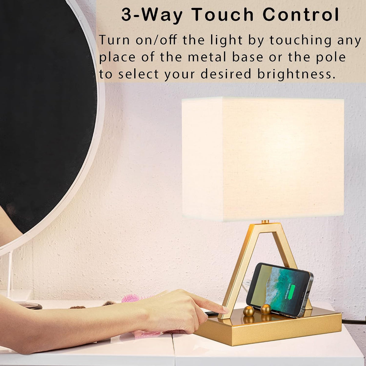 Touch Control Table Lamp with 2 USB Charging Ports & 1 AC Outlet, Dimmer