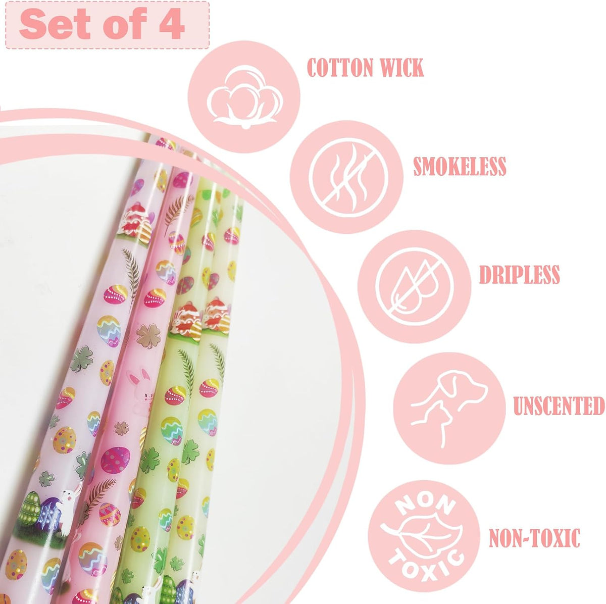 4 Pack Easter Printed Taper Candles, 10 Inch Tall Tapered Candles with Bunny & Egg Designs for Easter Dinner Table Home Party Decor