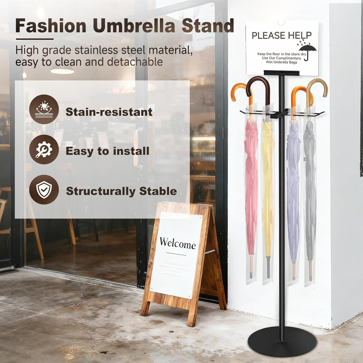 Umbrella Bag Stand with Sign Frame - with 200 Wet Umbrella Bags Disposable