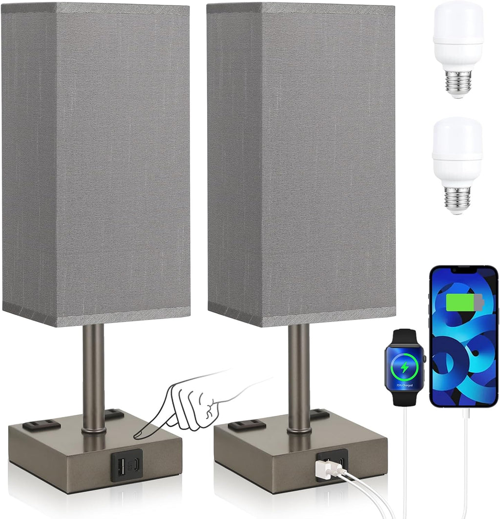 Grey Touch Lamps Set of 2 for Bedroom - Dimmable, USB C+A, 2 AC Outlets