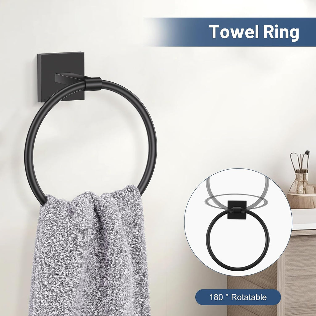 TURS 5-Pieces Matte Black Bathroom Hardware Set 23.6 Inch SUS304 Stainless Steel Towel Bar Set Wall Mounted Square Toilet Paper Holder with Shelf