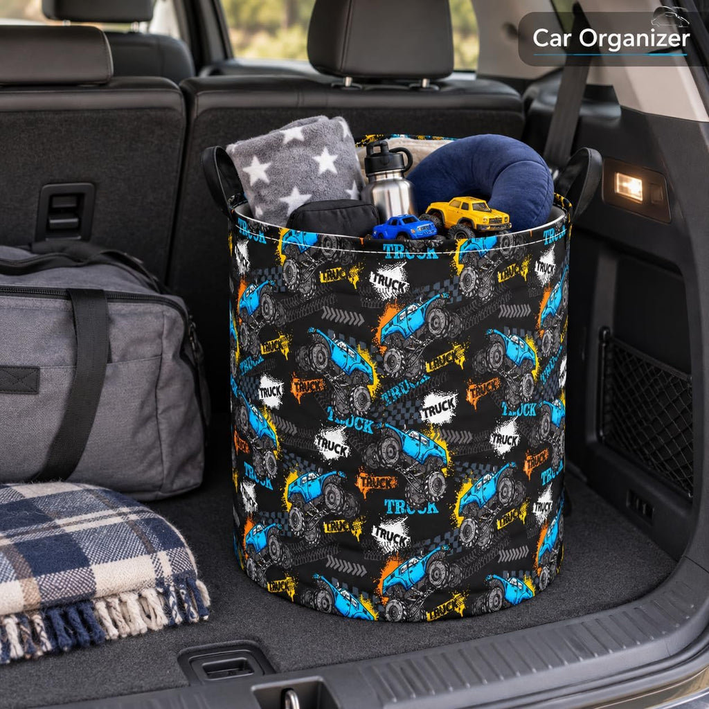 Truck Print Laundry Hamper, Collapsible Storage Basket with Handles