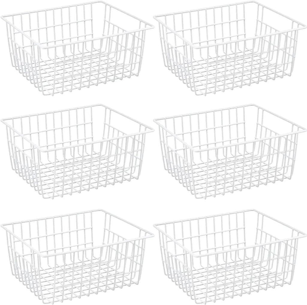 15.2" Metal Wire Baskets for Organizing 6 Pack, Household Pantry Storage Freezer Organizer Bins with Handles, Freezer Baskets for Upright Freezer, Refrigerators, Kitchen Cabinets, White