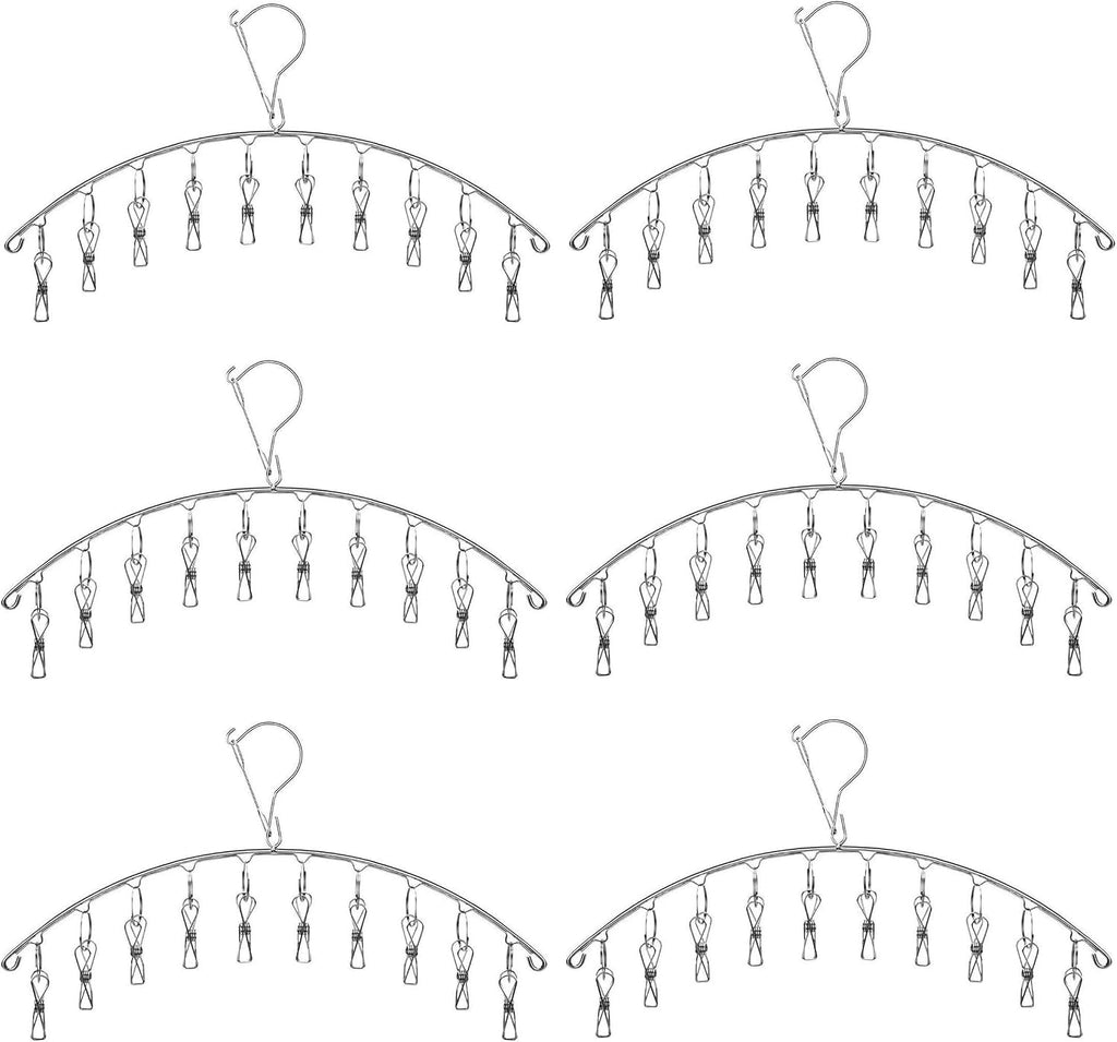 6 Pack Laundry Drying Hanger Rack, Stainless Steel Sock Underwear Peg Hanger with 10 Pegs Windproof Hokk