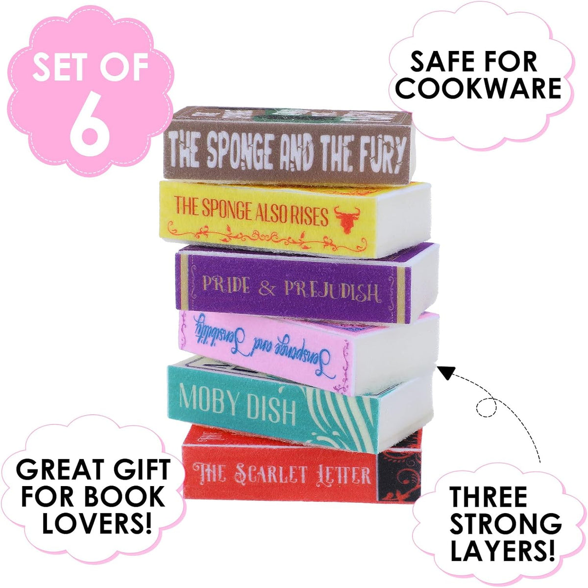 6 Pack Funny Kitchen Sponges Book-Shaped Non-Scratch Scrub