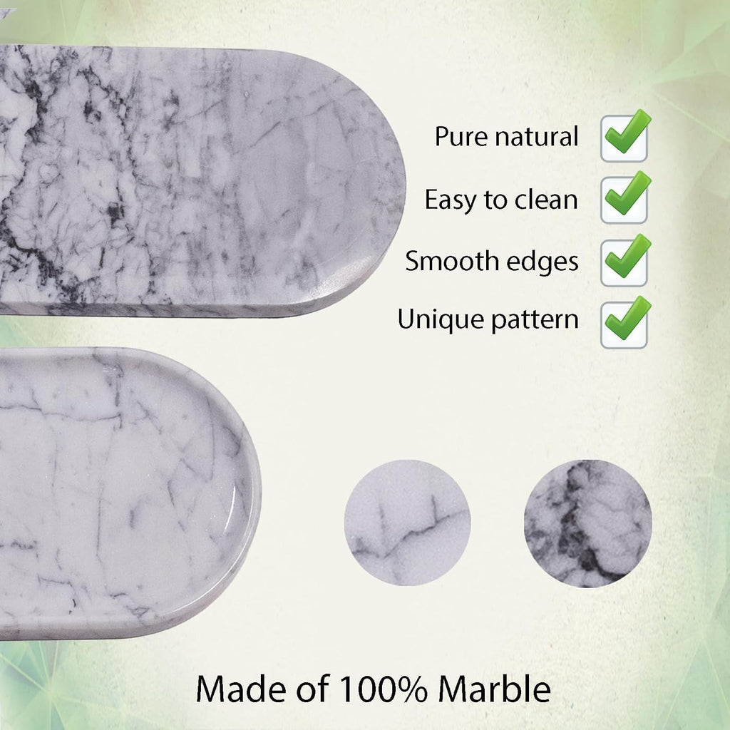 Natural Marble Tray 9.8”x4.7”x0.6” | Hand-Polished Oval Stone Tray for Bathroom Vanity & Jewelry Display – Durable, Unique Vein Patterns (Carrara White)