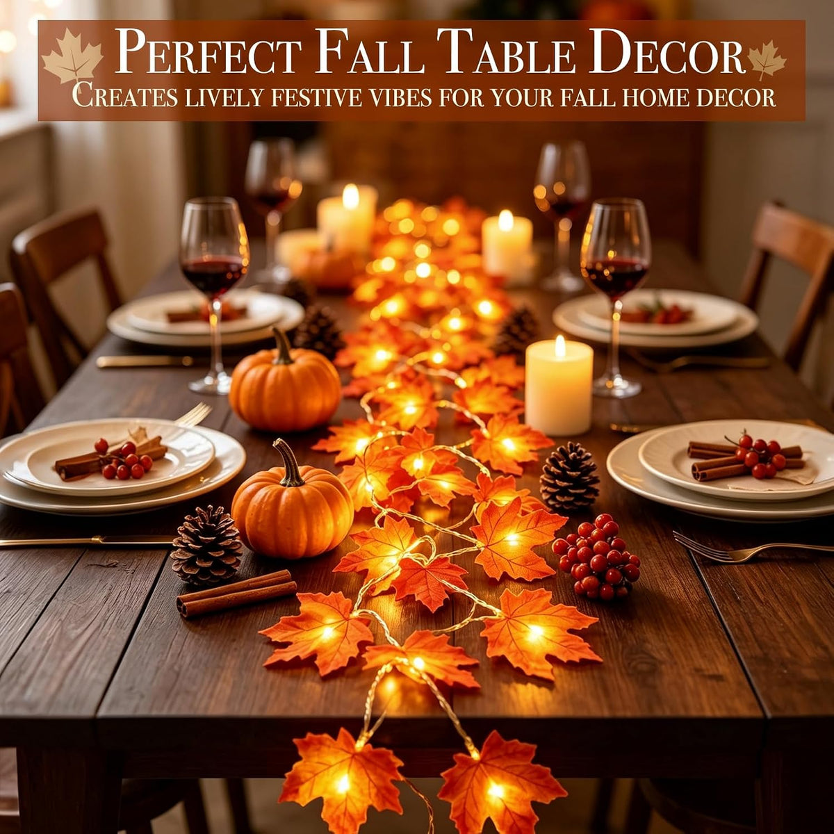 Thanksgiving Decor 2 Pack Fall Garland with Lights Enlarged Maple Leaves