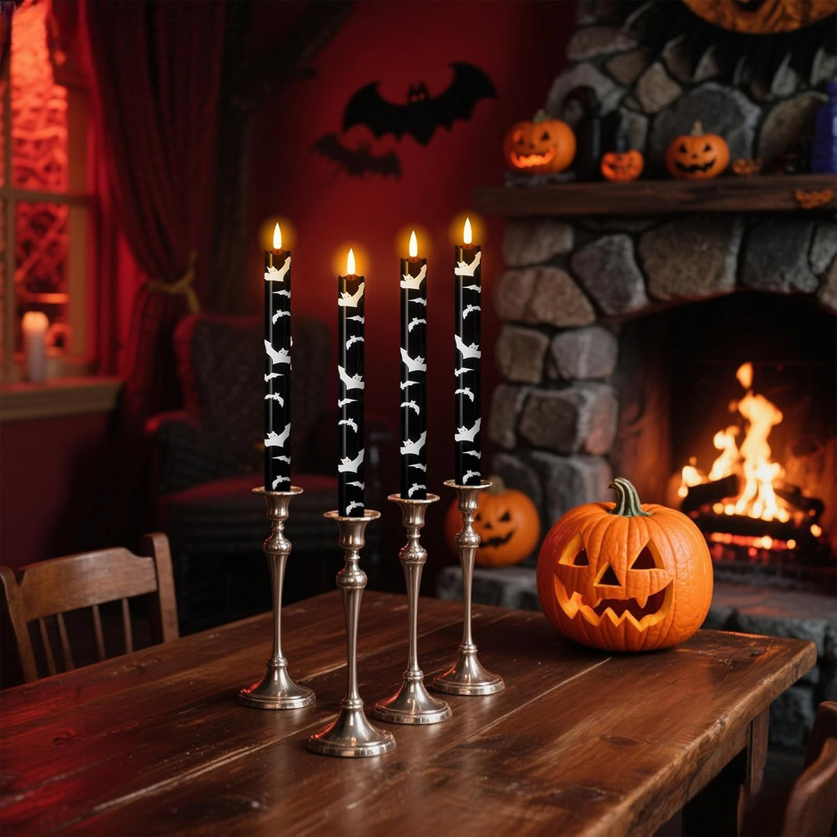 Eldnacele Halloween Bats Decal Flameless Taper Candles with Remote Timer