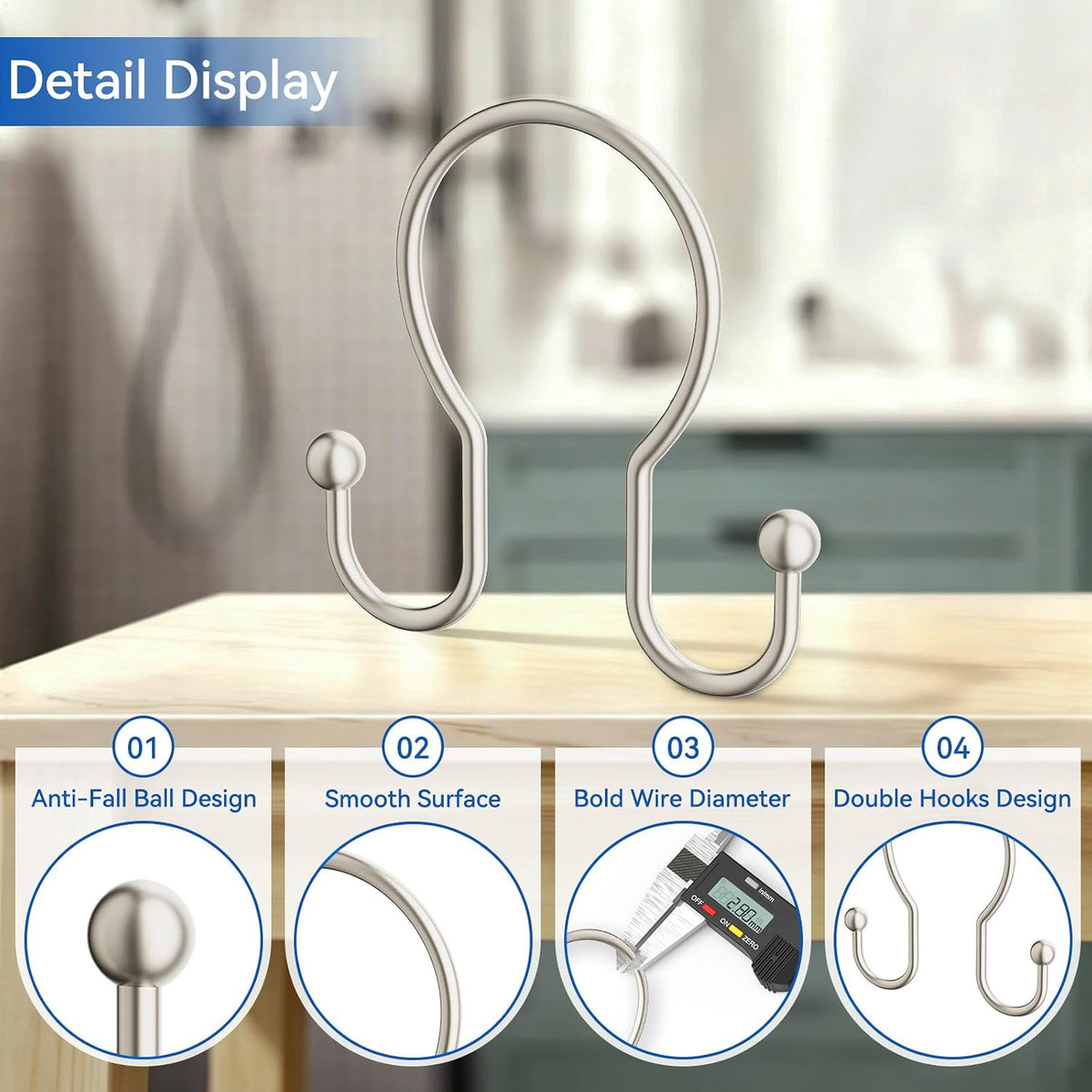 OEH Shower Curtain Hooks, 12 Pcs Minimalist Shower Curtain Rings, Metal Shower Curtain Hangers, Double Hook Shower Curtain Hooks Rust Proof, Smooth Sturdy Shower Hooks for Shower Curtain, Matte Nickel