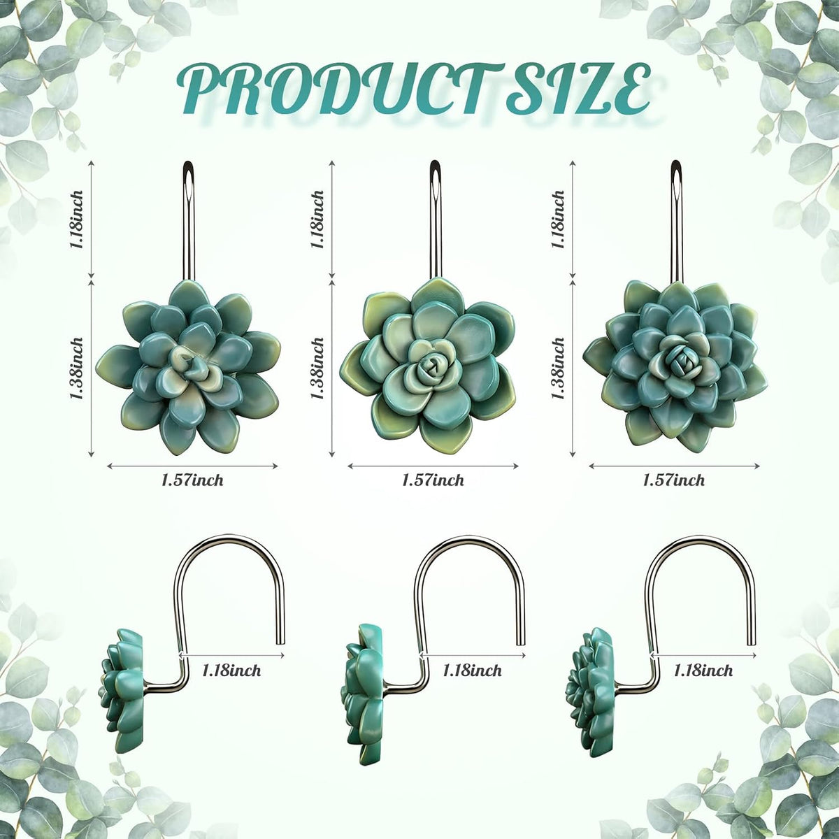Amyhill 12 Pcs Succulents Plants Decorative Cute Shower Curtain Hooks Mini Succulents Green Shower Curtain Rings Bulk Hanger Stainless Steel Resin Plant Theme Hooks for Bathroom Bedroom Home Decor