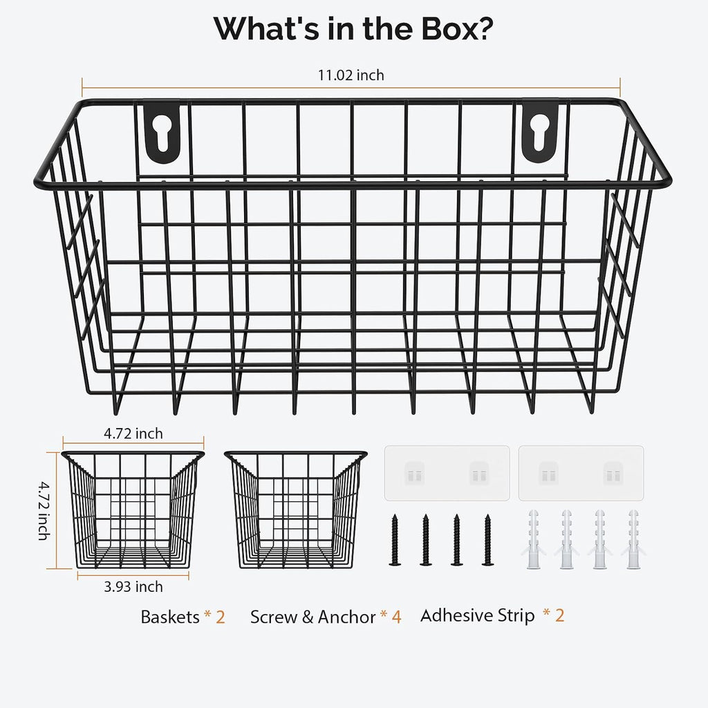 MaraFansie Hanging Kitchen Baskets Wire Storage Basket Adhesive and Screws Basket Over the Cabinet Door Organizer with Adhesive Strips and Screws Accessories, 2 Installations, 2 Pack