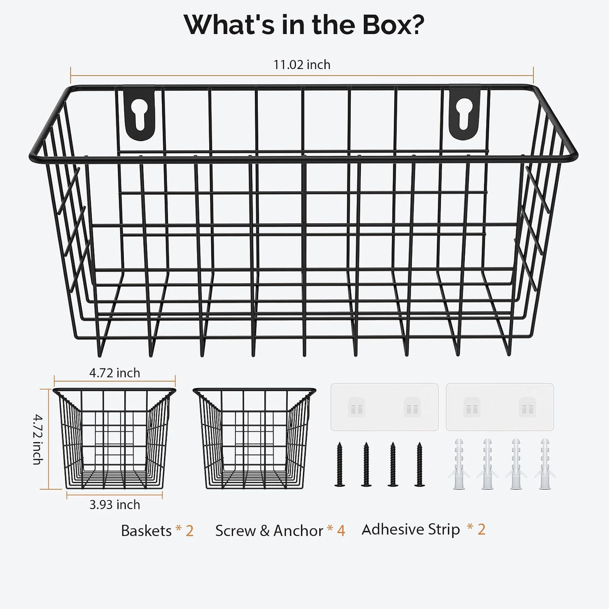 MaraFansie Hanging Kitchen Baskets Wire Storage Basket Adhesive and Screws Basket Over the Cabinet Door Organizer with Adhesive Strips and Screws Accessories, 2 Installations, 2 Pack