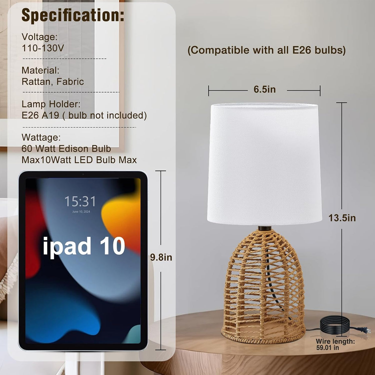 EJIAXIN Small Table Lamp -13.75" Boho Rattan Lamp - Bedside Farmhouse Lamps