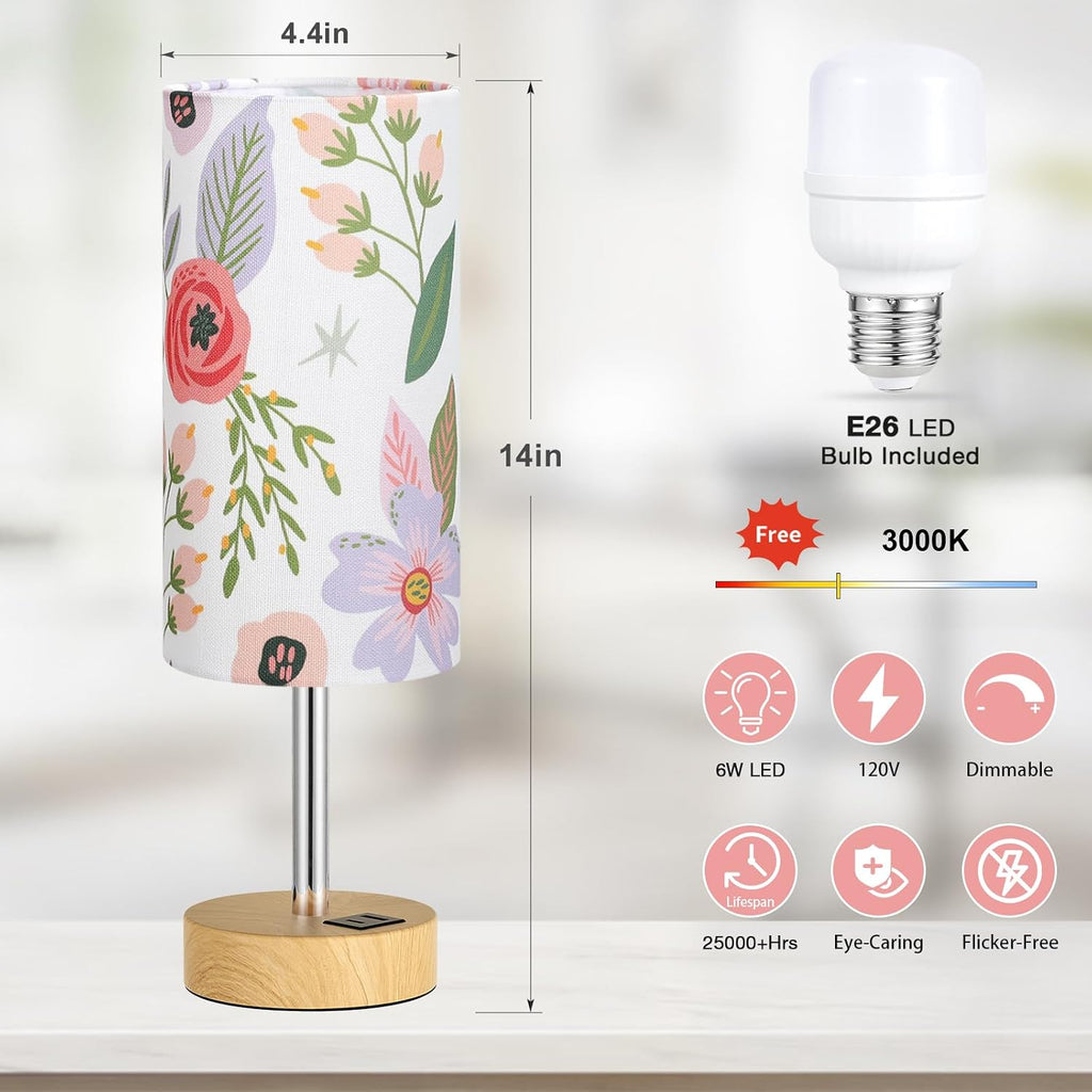 Dicoool Touch Bedside Table Lamp with USB - 3 Way Dimmable Floral Lamp for Bedroom Nightstand, Desk Lamp with Charging Station for Dorm, Living Room, Office, Kids Room, Small, 14in
