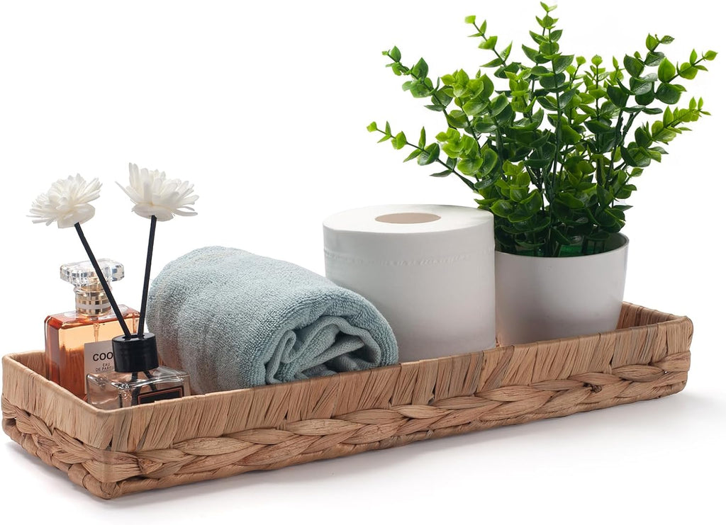 Woven Bathroom Vanity Tray for Storage Water Hyacinth Back of Toilet Basket Long Narrow Guest Towel Holder (Natural 16.3 x 6.1 x 2 inch)