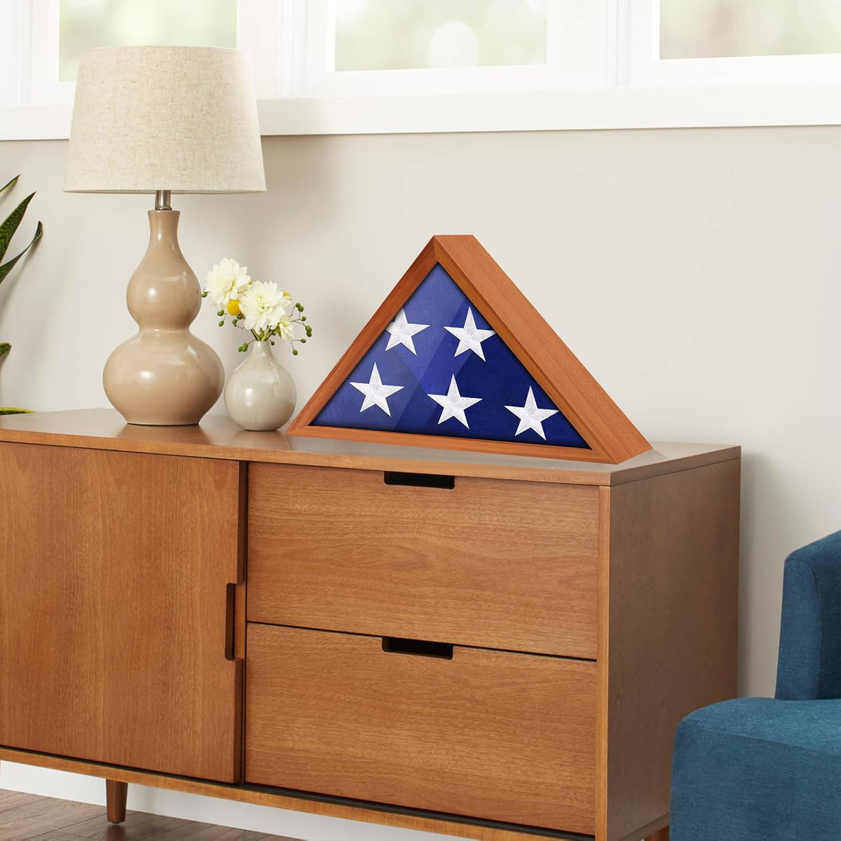 ASmileIndeep Flag Display Case for 3' x 5' Flag, American Flag Shadow Box with HD Tempered Glass and Wall Mount, Folded Triangle Flag Holder Frame for Small Flag (Not for Burial Flag) - Brown