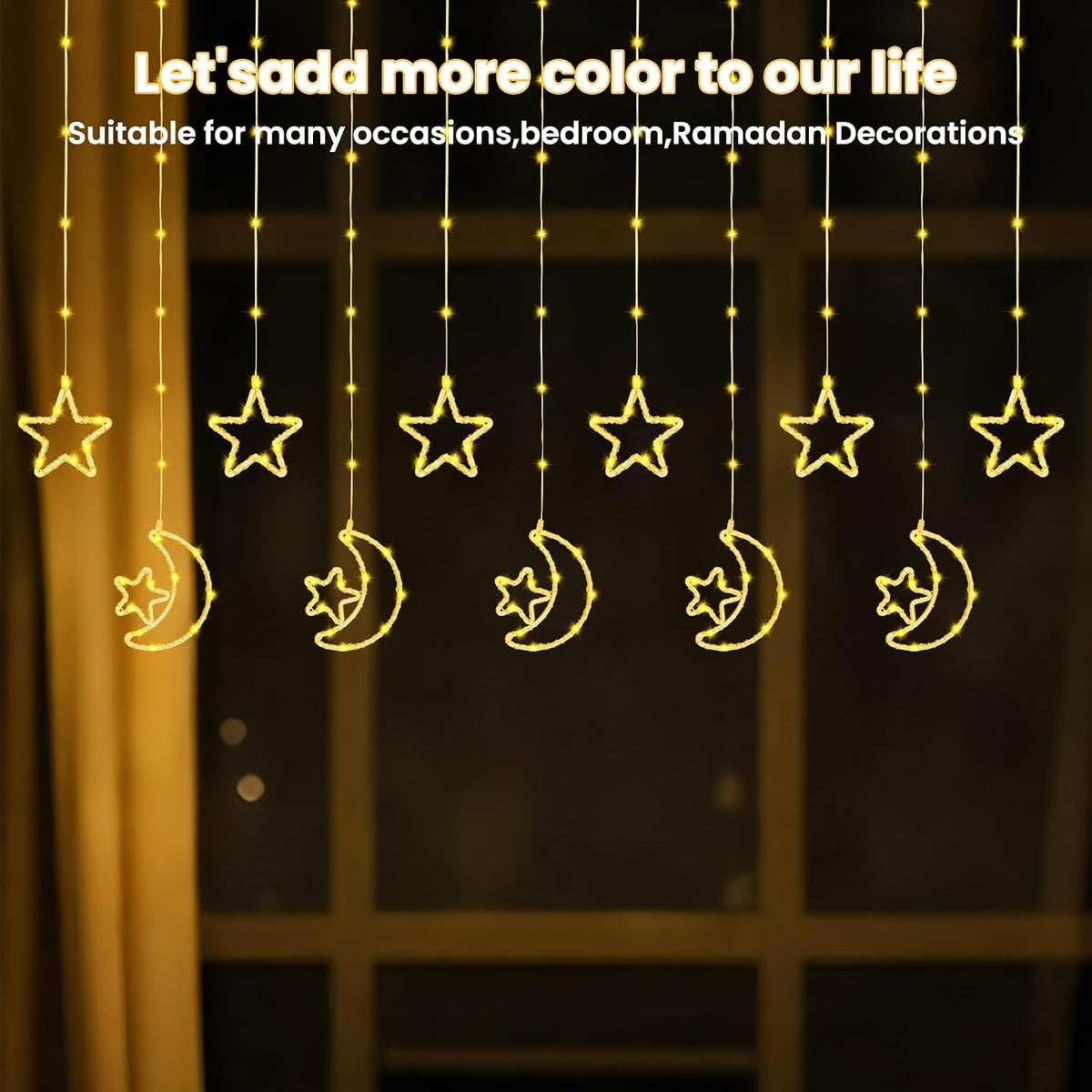 130 LED Star Moon Curtain Decorative Lights, Ramadan Window Curtain Fairy String Lights, Remote Control & USB Plug, 8 Lighting Modes, for Indoor, Home Holiday, Party, Ramadan Decorations