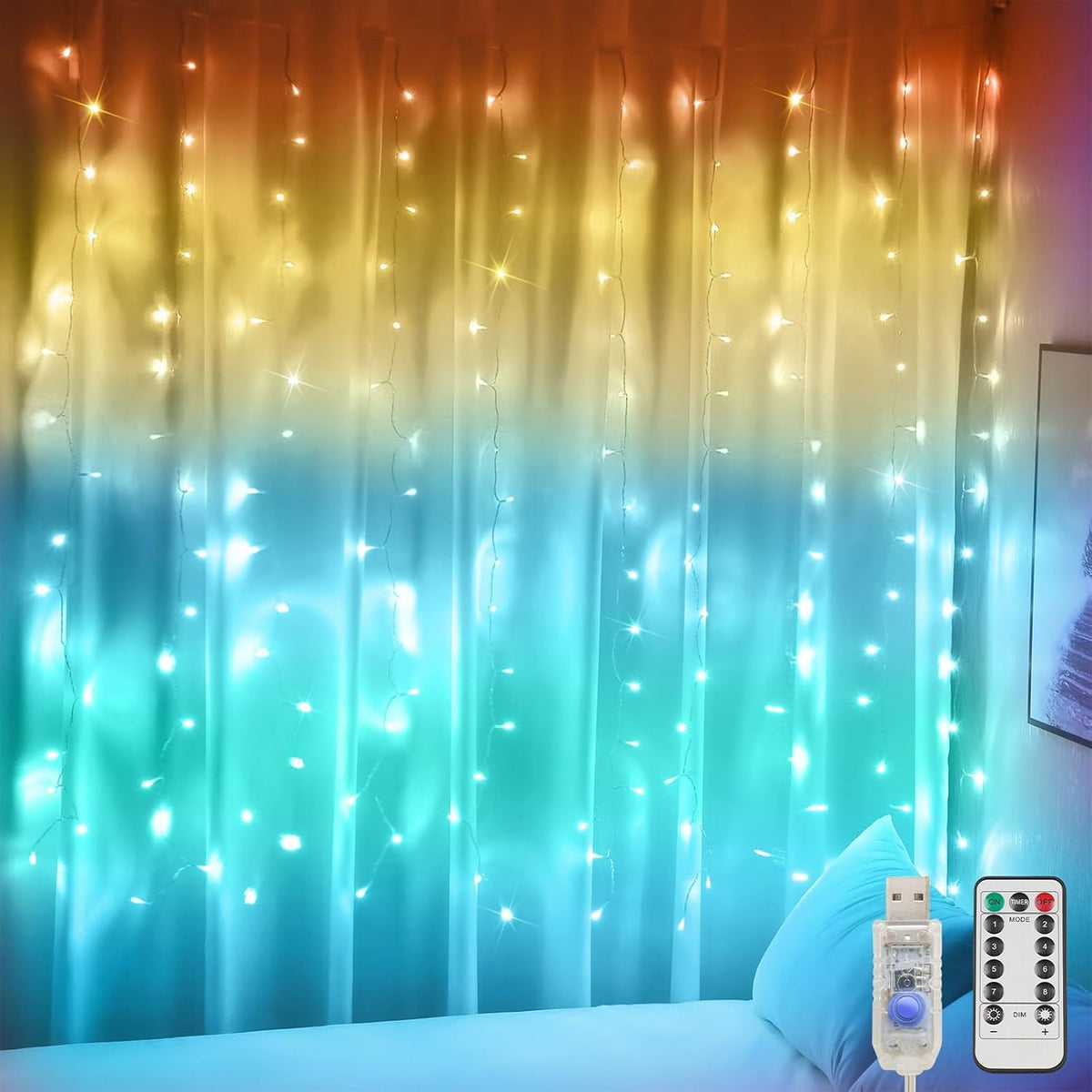 suddus Curtain Lights, 180 Led 6.5 * 5.9ft Sunset Curtain Fairy Lights USB, Hanging Lights for Bedroom, Backdrop, Room Decor, Wall, Window, Party, Tapestry, Multicolor