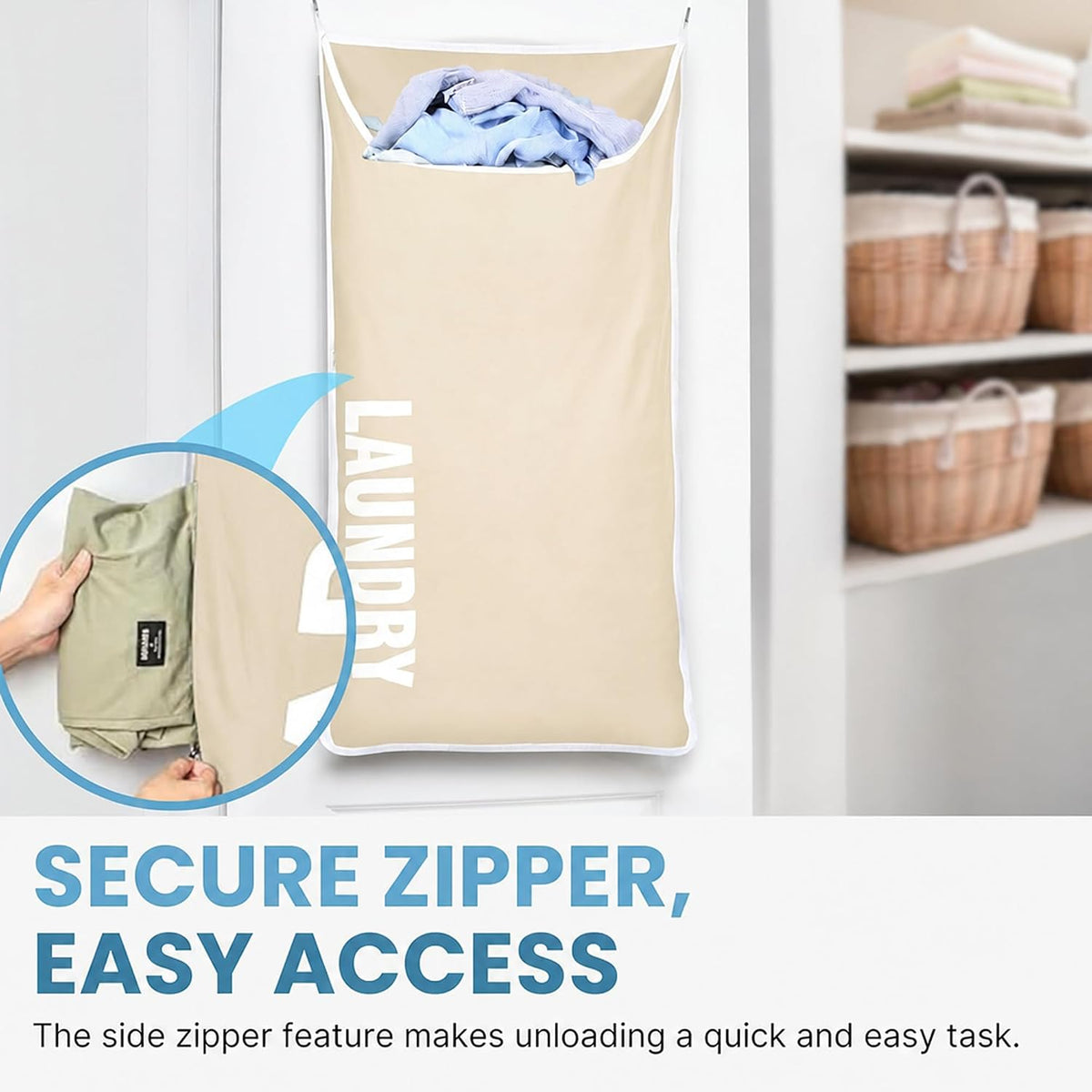 Hanging Laundry Hamper Bag,Space Saving over the Door Storage Bags – Behind the Door Hampers for Dirty Clothes, Wall Mounted Basket for Bathroom (Beige, 2-Pack)