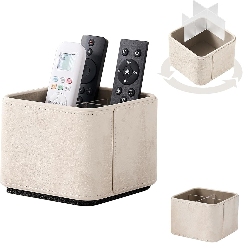 360° Rotating TV Remote Control Holder & Desk Organizer, Travertine-Look PU Leather, 0.421kg Wood Core, Removable Acrylic Divider (Off White)