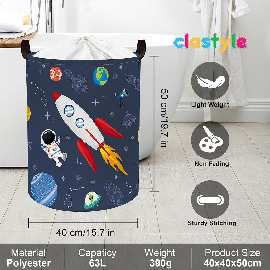 Clastyle 63L Cosmic Astronaut Rocket Laundry Hamper for Boy Large Large Collapsible Dirty Clothes Kid Laundry Basket Dark Blue Toys Storage Basket with Lid, 15.7x19.7 in