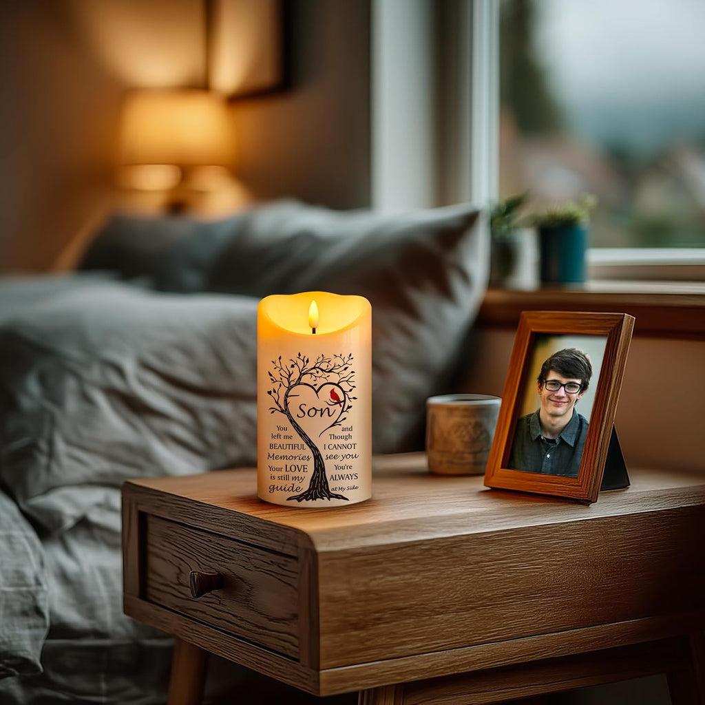 Flameless Memorial Candle for Loss of Son, Real Wax LED Light with Remote Sympathy Bereavement Gifts for Loss of Loved One Memorial Gifts for Loss of Son Remembrance Gifts (4" x 7")