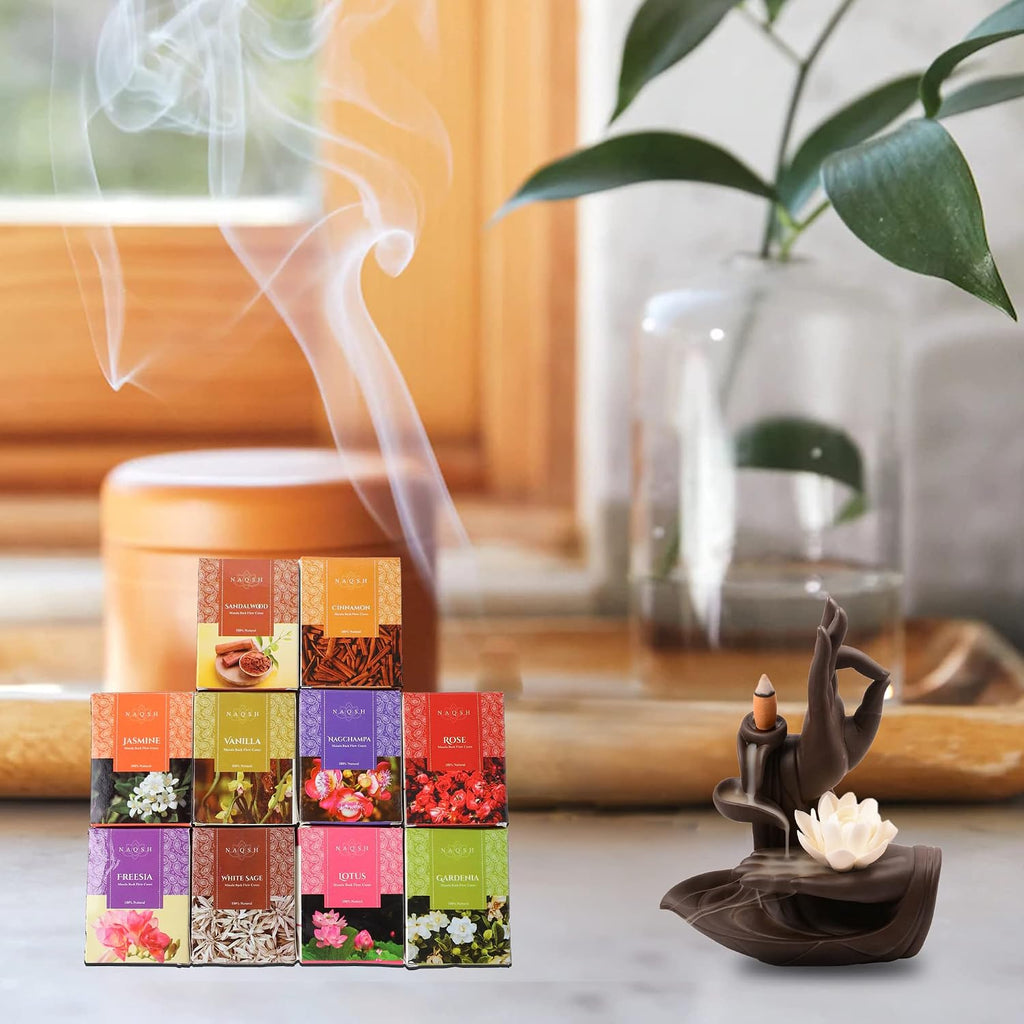 NAQSH Hand Rolled Incense Cones Scented Long Lasting Aroma for Positivity & Pure Air Meditation, Yoga, Aromatherapy, Relaxing & Refreshing (10, Back Flow Masala Cones)
