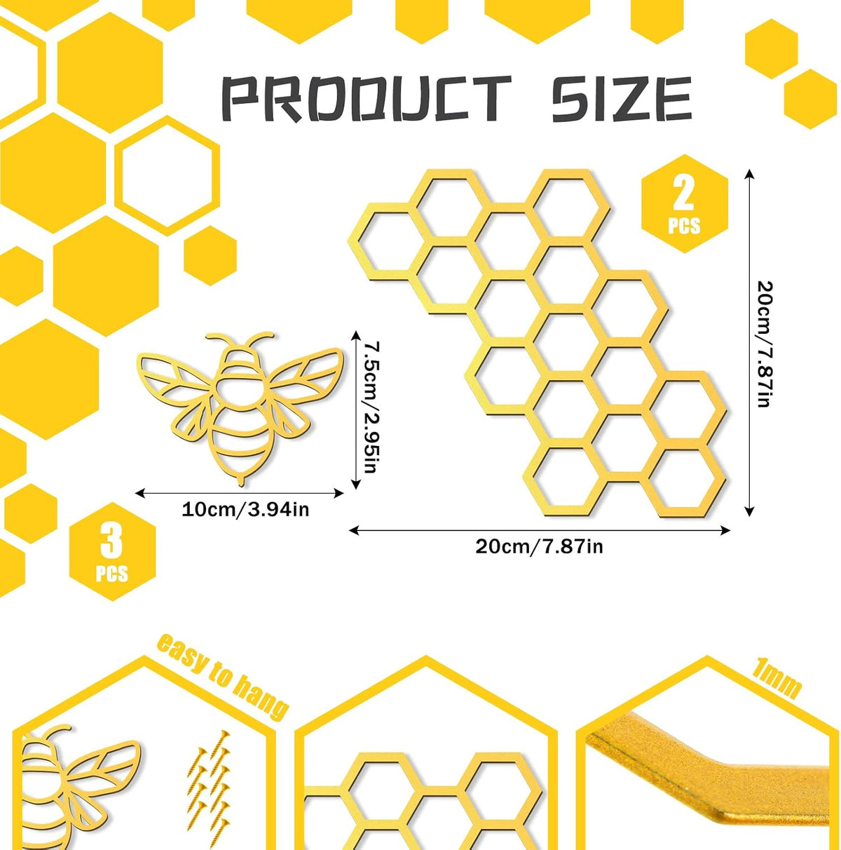 Peryiter 5 Pcs Metal Bee Wall Art Farmhouse Honey Bee Honey Comb Decor Wire Metal Wall Decor Hanging for Living Room Garden Bedroom Office Home(Gold)