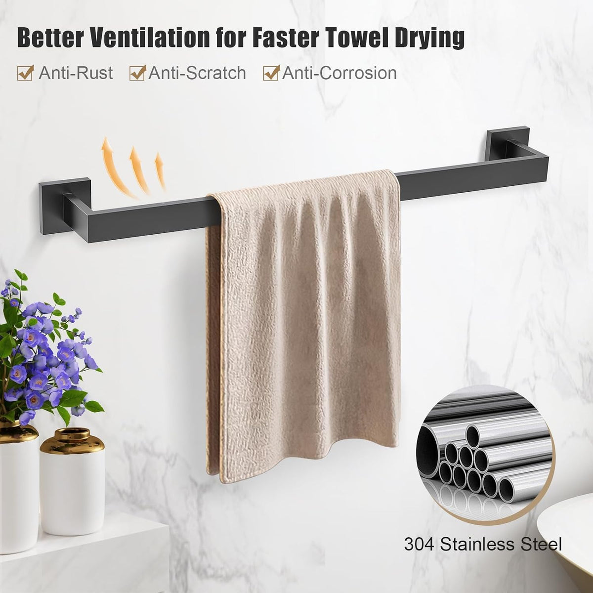 TQKAG Matte Black Bathroom Hardware Accessories Set 5 Pieces, Double Post Pivoting Toilet Paper Holder Set Stainless Steel Square Bathroom Towel Bar Holder Set Wall Mounted