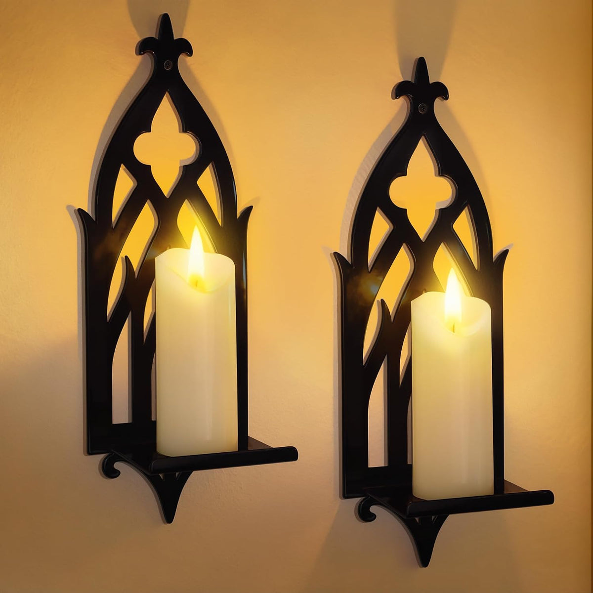Wall Candle Sconces Set of 2, Victorian Gothic Metal Candle Holders for Pillar, Tealight, and LED Candles, Decorative Wall Decor for Living Room Dining Room (Black)