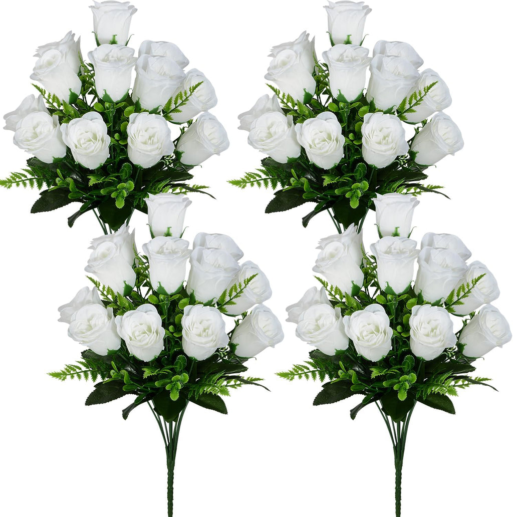 Artificial Rose Flowers Bouquet Realistic Silk Rose Fake Flowers for Wedding Home Centerpieces Party Cemetery Grave Decoration (4 Bouquets, White)