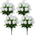 Artificial Rose Flowers Bouquet Realistic Silk Rose Fake Flowers for Wedding Home Centerpieces Party Cemetery Grave Decoration (4 Bouquets, White)