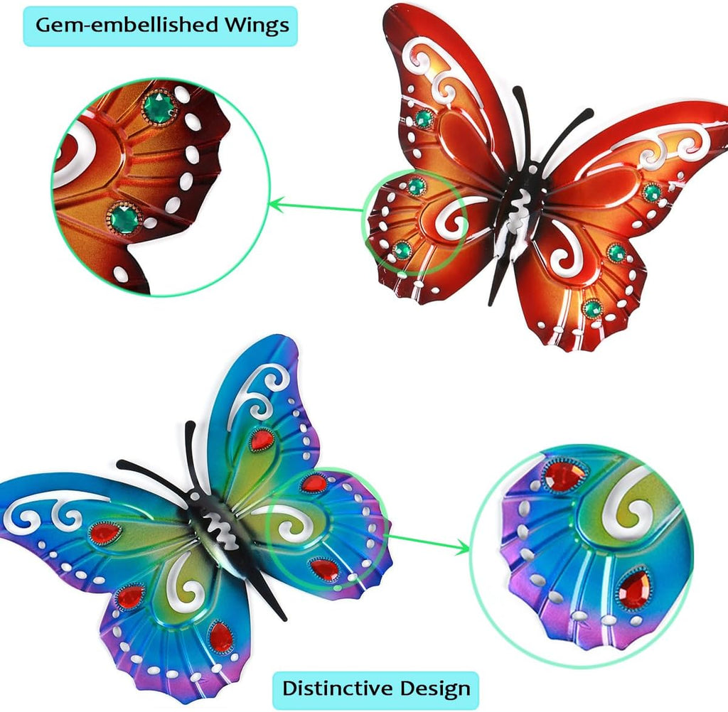 2 Pack Butterfly Decorations, 14.5" Large Metal Butterflies Fence Garden Yard Art Wall Decor for Outdoor Patio Balcony Tree Front Porch, Vibrant Colors Blue Red