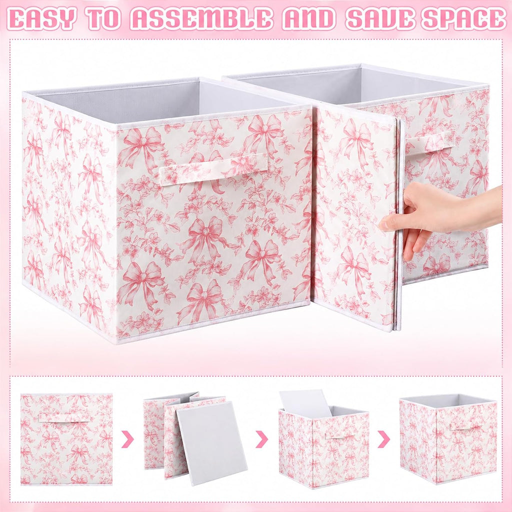 Geelin 6 Pcs Pink Floral Bow Cube Storage Bins 11 in Basket with Handle