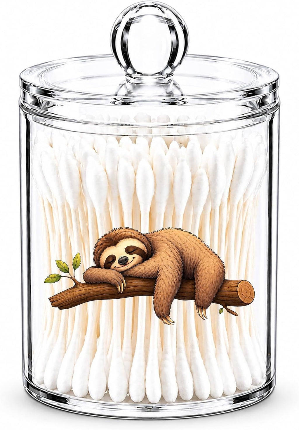 Sloth Cotton Swab Holder with Lid Clear Acrylic Woodland Apothecary Jar