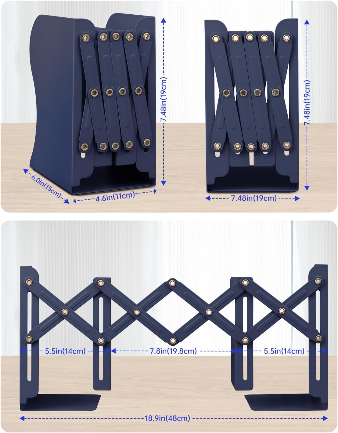 Honagu Adjustable Bookends, Metal Book Ends for Shelves Heavy Book, Desk Magazine File Organizer for Home, Office, Books, Papers, Extends up to 19 inches (Royal Blue)