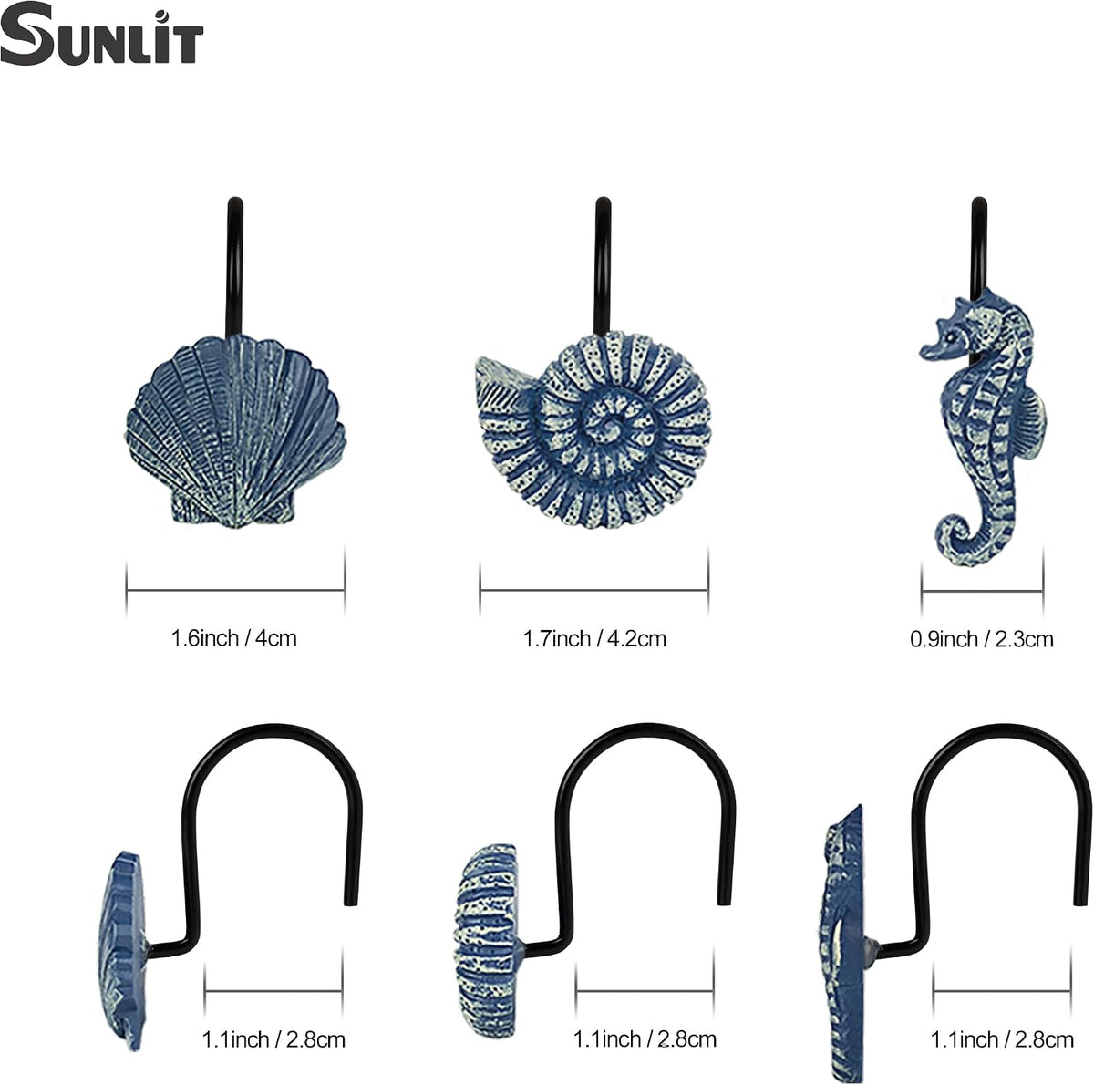 Sunlit Seashells Decorative Shower Curtain Hooks, Blue Ocean Creatures Coastal Shower Curtain Rings with Black Hooks, Resin, Nautical Bathroom Decoration Beach Shower Curtain Hooks, Set of 12