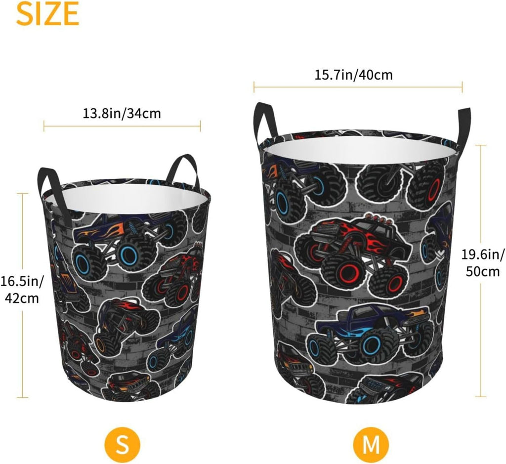 Monster Truck Boys Style Round Laundry Hamper Storage Basket Toys Clothes Organizer Bin For Home Bathroom Bedroom Dorm Nursery, 38l