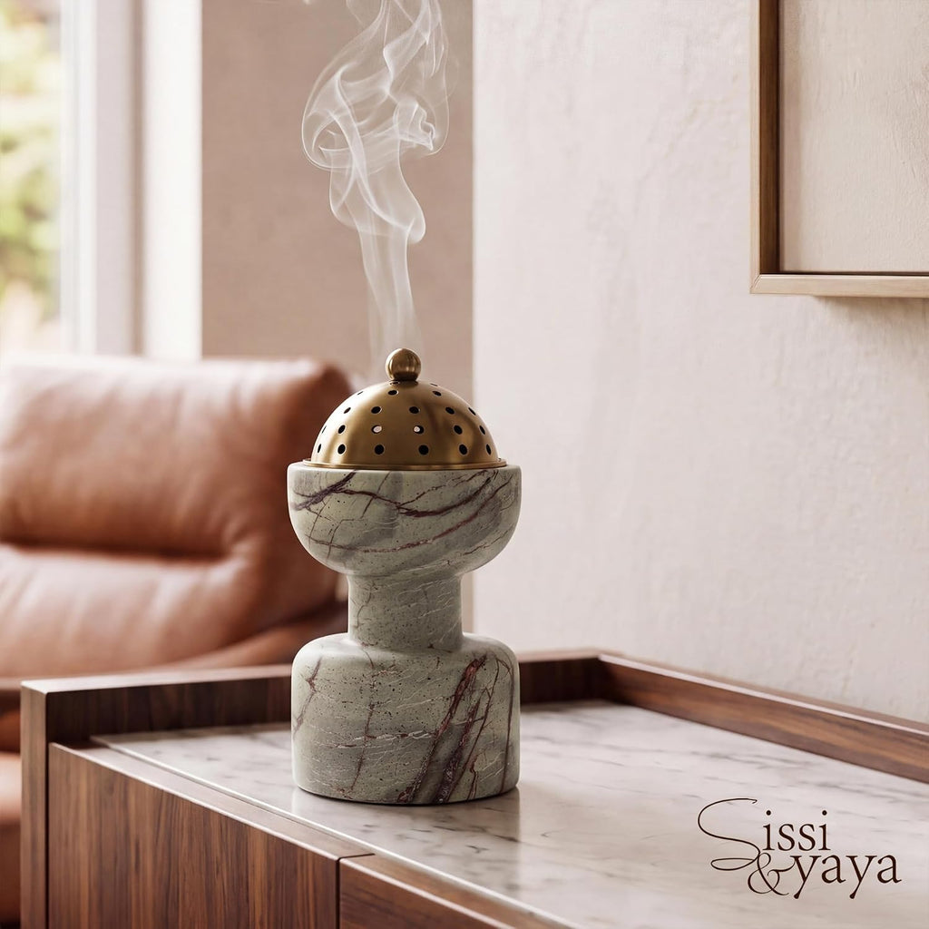 Natural Marble Incense Burner with Brass Accents 6.29 x 3.54 inches Multi-Purpose Holder for Cones/Sticks/Sage, Home Decor & Relaxation (Red Veins)