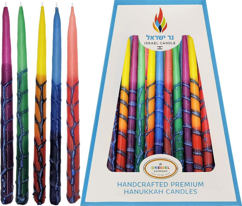 The Dreidel Company 5-Pack Dripless Hanukkah Candles, Multicolored Ombre Striped Deluxe Tapered Decorations, 1 Hour Burn Time, Chanukkah 45 Menorah Candles Box for All 8 Nights of Chanukah