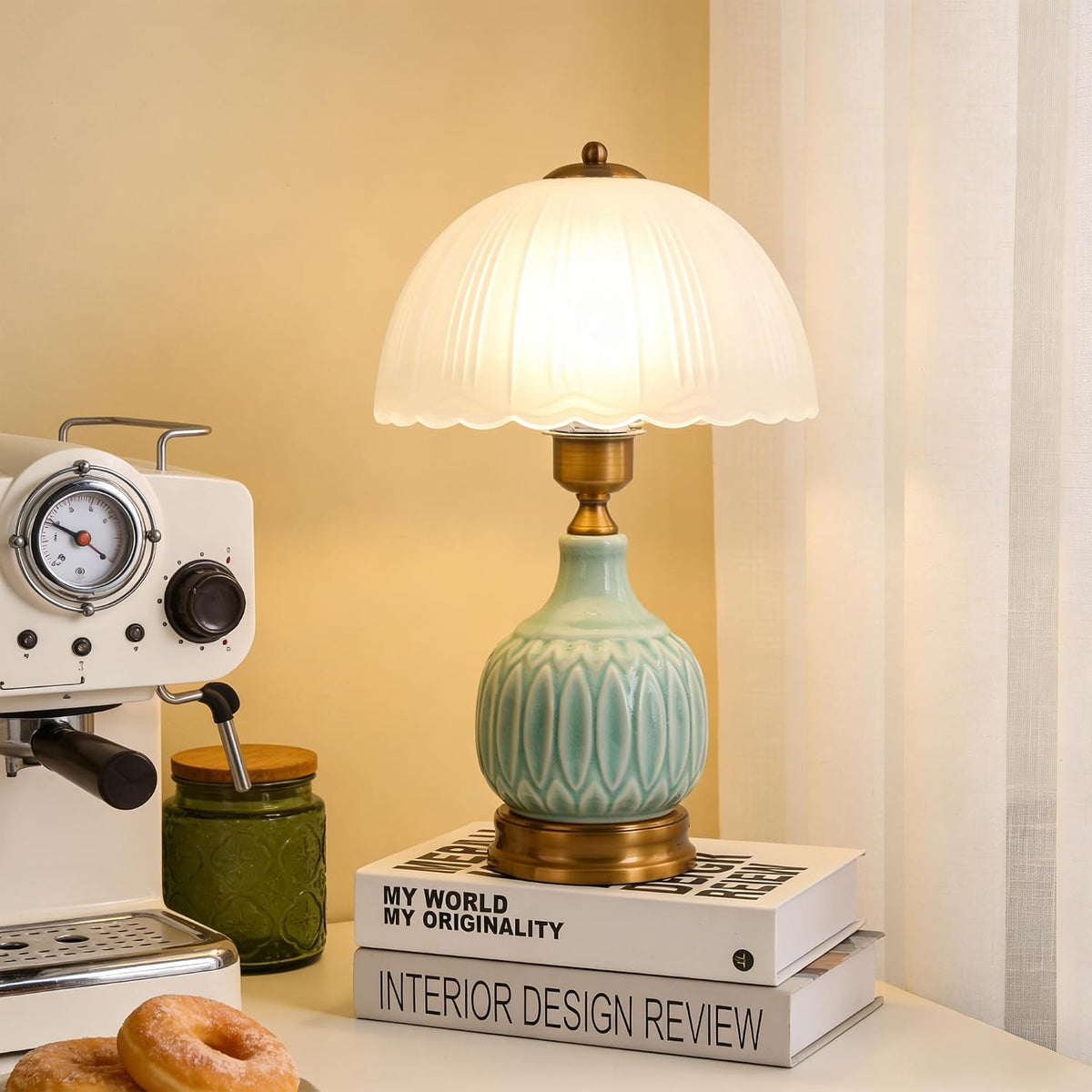 Table Lamps Ceramic Retro Lamp for Living Room,15." Modern Bedside Nightstand Traditional Lamps, Classic Chinoiserie Green Glass Lamp for Home (Retro)