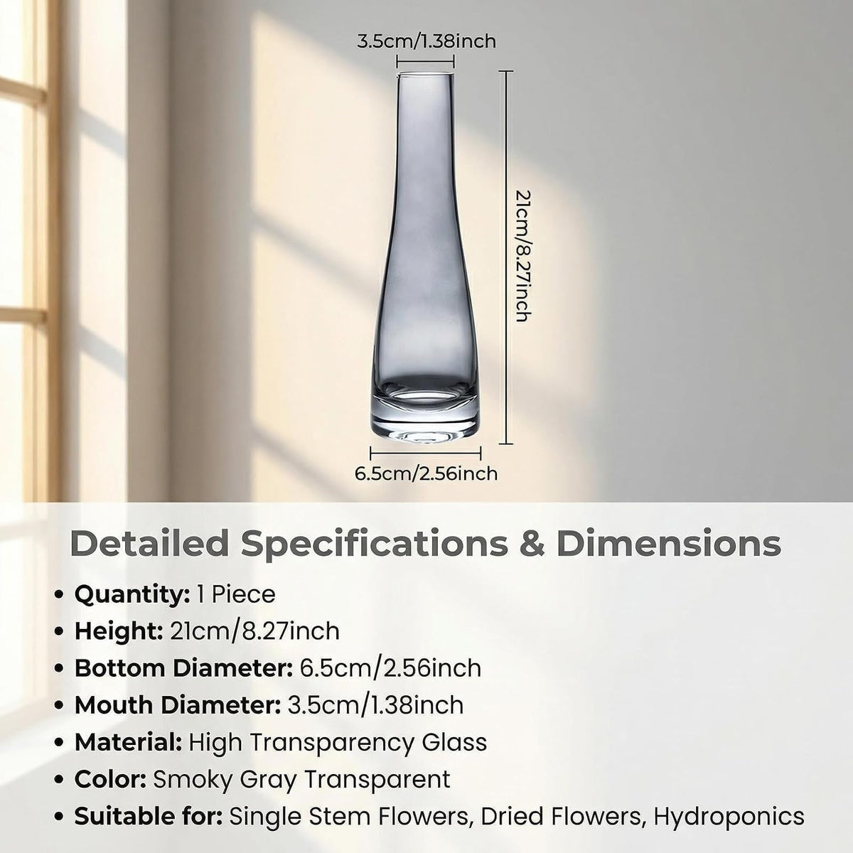 Erioctry Single Bud Vase, Hand-Made Blown Art, Clear Glass, Single Stem Vase, Home & Office Decor, Wedding Party Event