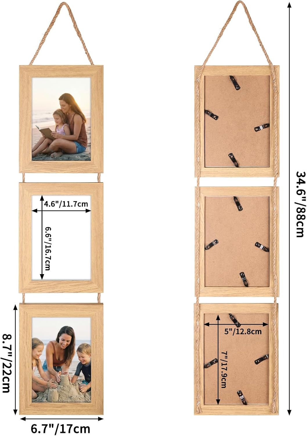 QUTREY 5x7 Collage Picture Frames, 6 Openings Hanging Photo Frame Set Display Vertical 5 by 7 inch Pictures for Wall Decor, Natural Wood, 2 Pack