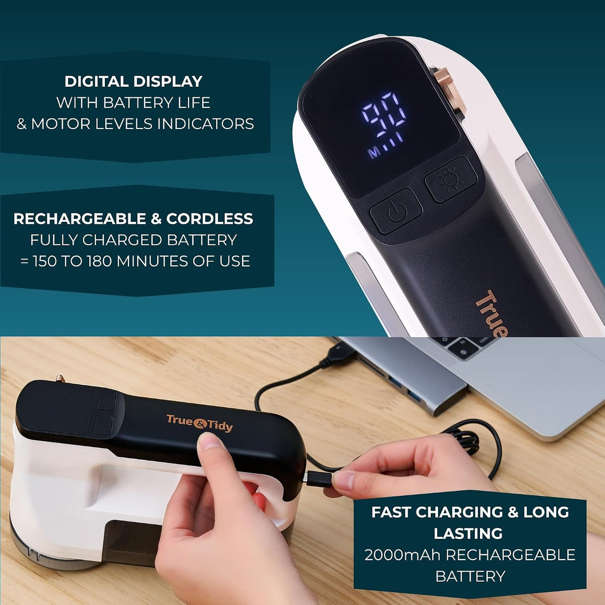 True & Tidy XL Rechargeable Fabric Shaver & Lint Remover w/Built-in Light, Sweater Defuzzer with 3 Speeds, Replaceable 6 Leaf Steel Blades, XL Lint Bin, Mini Brush for Cleaning, up to 3+ Hours of Use